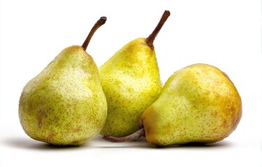 Three ripe, yellowish-green pears with brown stems, slightly speckled, rest clustered on a stark white background