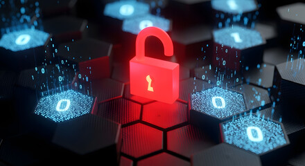 Red unlocked padlock on a hexagonal grid with binary code. Cybersecurity threat, data breach, and network vulnerability concept. System hacked alert.