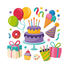 Festive Birthday Party Illustration with Cake Balloons and Gifts A Colorful Celebration of Joy and Happiness Suitable for Cards and Invitations