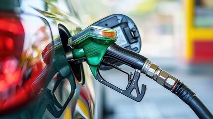 A car being refueled with a green fuel nozzle.