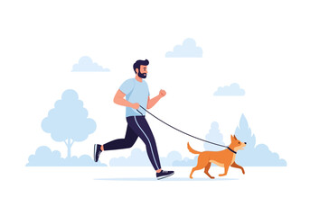 Bearded man running with brown dog outdoors. Suitable for promoting outdoor activities and pet care products. Ideal for websites, blogs, and social media.