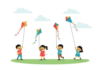 Children fly colorful kites under a partly cloudy blue sky, perfect for summerthemed designs, ads, and website banners.
