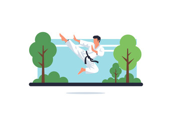 Karate expert executing jump kick outdoors surrounded by trees. Perfect for martial arts websites, fitness blogs, and sports advertisements.