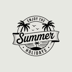 Summer Holiday Vacation Retro Badge Design with Palm Trees and Birds Enjoy the Season for Travel and Tourism Promotion