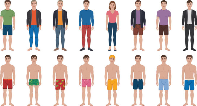 Versatile Vector Set of Illustrated Male and Female Figures in Different Attire and Swimwear, Perfect for Character Design
