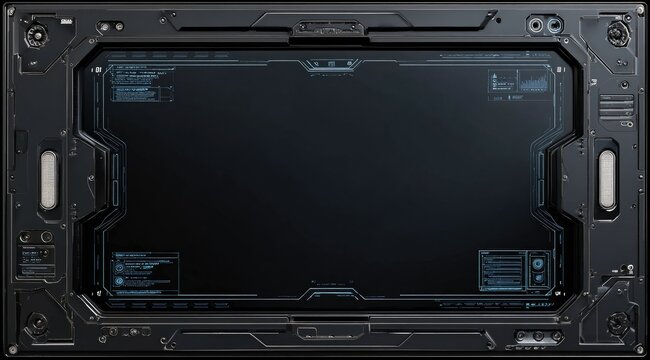 Futuristic dark grey metallic frame encloses a blank, rectangular screen with subtle blue digital interface elements around its edges