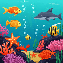 Naklejka premium Vibrant underwater scene with diverse marine life and coral reefs.