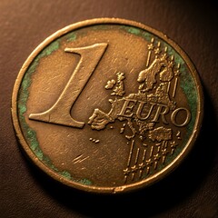 Close Up of a Worn One Euro Coin Featuring the European Map and Stars in Intricate Detail
