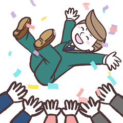 胴上げされる会社員のイラスト