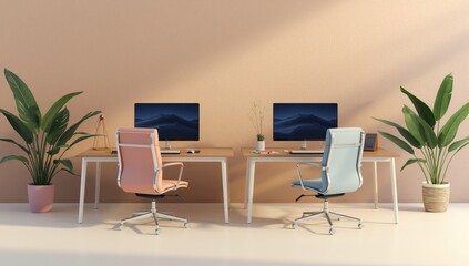Fototapeta premium Modern minimalist office space featuring two desks with computers and ergonomic chairs amidst lush green plants