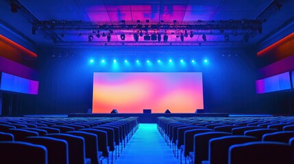 A large, empty conference hall with rows of seats and a stage in the background, illuminated by colorful lighting.