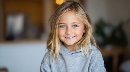 A young girl with blonde hair and blue eyes smiles warmly at the camera, wearing a gray hoodie in a cozy indoor setting.