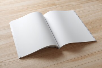 Fototapeta premium Open blank magazine lies on light wood grain surface, showcasing clean, white pages with subtle page curl and soft shadowing