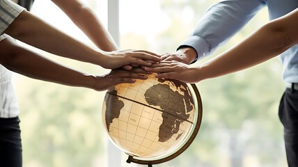 Diverse hands unite on globe symbolizing global unity and collaboration