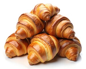 Pile of golden brown croissants isolated on white background