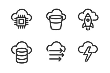 Cloud computing icons depicting technology elements like processing, storage, and data transfer in a minimalist design