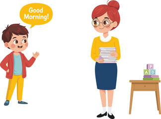 Boy greeting teacher good morning, student waving hand, teacher holding books, classroom scene, kids education, learning, school day, happy children