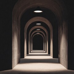 Fototapeta premium Long, arched concrete tunnel. Dim, focused light