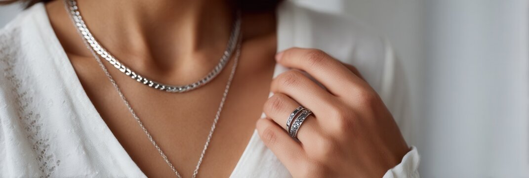 Close-up of a woman wearing silver necklaces and rings, showcasing modern jewelry design. Soft lighting enhances the elegance and style.