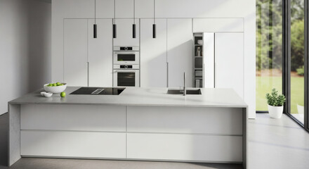 Modern Minimalist Kitchen Design with Island and Built In Appliances Interior