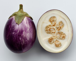 Whole and halved eggplant on white, showing creamy flesh and seeds
