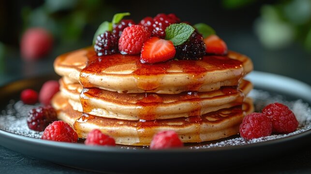 Delicious pancakes topped with fresh berries and syrup for a perfect breakfast. National Pancake Day - Powered by Adobe