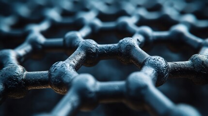 Close-up of graphene structure showing hexagonal carbon lattice in metallic blue hue