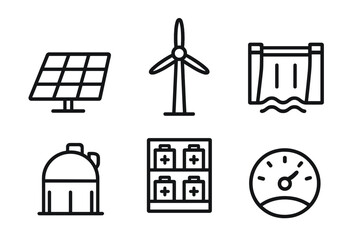 Renewable energy sources and technology icons representing solar, wind, and hydro power systems for sustainable future