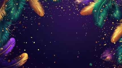 Colorful feather frame with glitter on purple background