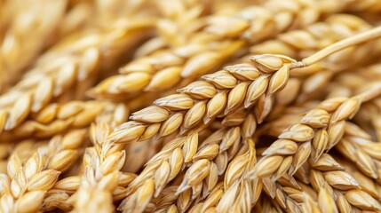 A close-up of a pile of wheat ears with a blurred background.