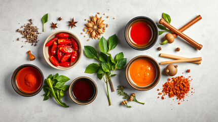 Overhead flatlay of traditional Asian cuisine ingredients arranged neatly on a textured stone surfac
