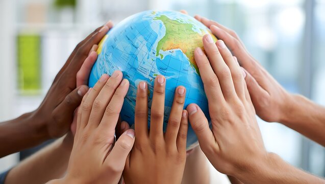 Many hands holding the earth together symbolizing unity and global cooperation
