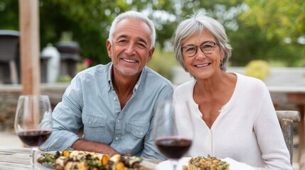 A cheerful senior couple smiles at the camera while enjoying a meal outdoors. The setting features delicious food and glasses of red wine, creating a warm atmosphere.