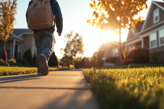 A child walks down a suburban sidewalk during sunset in autumn, with golden leaves and cozy homes in the background, evoking a sense of warmth and nostalgia. - Powered by Adobe