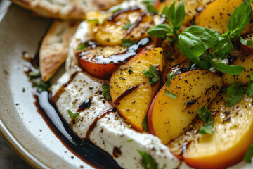 Grilled peaches served over creamy ricotta cheese, drizzled with balsamic reduction and garnished with fresh herbs.