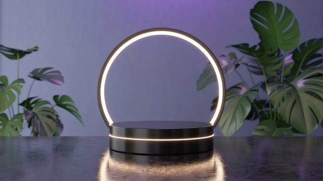 Elegant product display stage with neon ring light and lush plants - Powered by Adobe