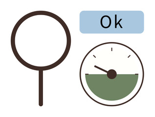 Magnifying glass and gauge symbol with pointer showing green area and Ok text floating above. Ideal for evaluation, quality control, monitoring, approval, analysis, inspection, decision-making