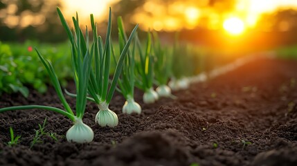 Onions growing in garden sunlight