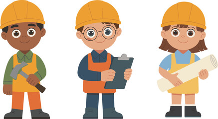 Cartoon construction kids wearing safety helmets, engineer and builder children team, holding tools, blueprint, clipboard, isolated vector, white background