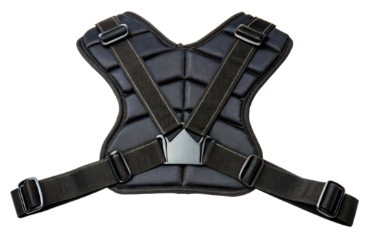 Back view of a black baseball chest protector isolated with transparent background