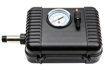 Portable car tire air compressor with an analog pressure gauge isolated with transparent background