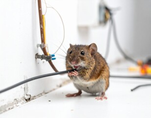 A rat gnawing on electrical wires inside a house
