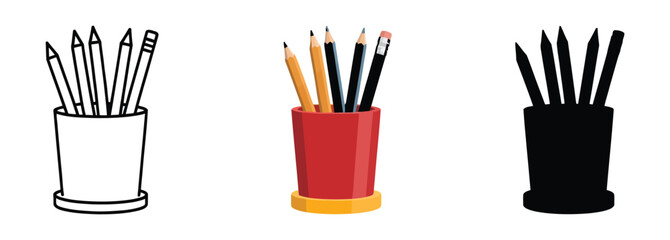 Vector art of three pencil holders isolated on white background, each featuring a unique design and color palette, showcasing diverse options for organizing writing instruments