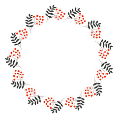 Autumn rowan berry wreath. Circle frame template for greeting cards or prints. Cozy flat illustration.