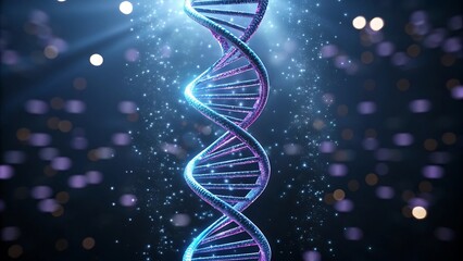 Glowing blue purple dna helix with sparkling particles