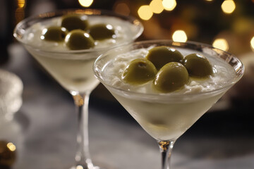 A classic martini with olives served in a stylish glass, highlighting the elegant and refreshing appeal of the drink.