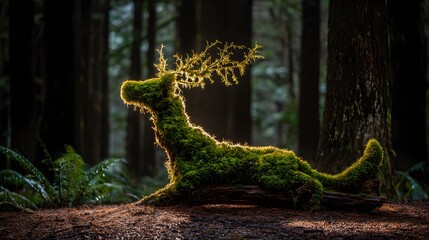 Fototapeta premium Moss-covered deer sculpture in a forest setting.