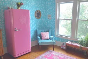 A vintage pink refrigerator stands in a room with light blue floral wallpaper, a teal armchair, a pink rug, and a window showing green trees.  Wooden floors and a small wooden bench are also present