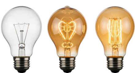 Three incandescent light bulbs, clear glass, detailed visible filaments, left unlit, central glowing amber with heart shape, on crisp white background, 3/4 view. Concept of invention and warm light