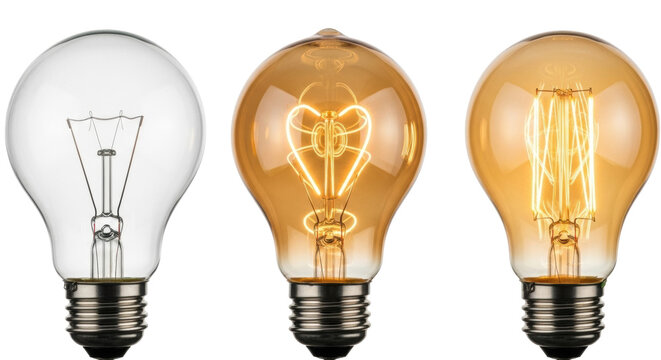 Three incandescent light bulbs, clear glass, detailed visible filaments, left unlit, central glowing amber with heart shape, on crisp white background, 3/4 view. Concept of invention and warm light